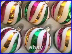 Lot (6) Czech glass vintage style striped Nordic Christmas tree ornaments 7cm