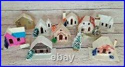 Lot of 9 Vtg Christmas Village Mica Putz Cardboard House Japan Sponge Blue Trees