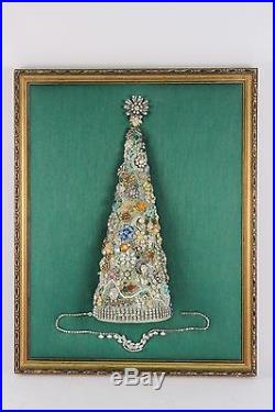 Lovely Vintage Rhinestone Jewelry Christmas Tree Framed Art 20 x 15