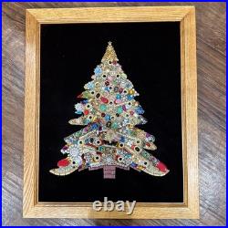 Mid Century Costume Jewelry Art Folk Art Christmas Tree Framed Large 18x22Vtg Mid Century Costume Jewelry Art Folk Art Christmas Tree Framed Large 18x22Vtg
