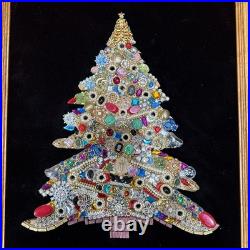 Mid Century Costume Jewelry Art Folk Art Christmas Tree Framed Large 18x22Vtg
