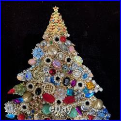 Mid Century Costume Jewelry Art Folk Art Christmas Tree Framed Large 18x22Vtg