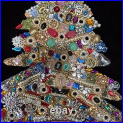 Mid Century Costume Jewelry Art Folk Art Christmas Tree Framed Large 18x22Vtg