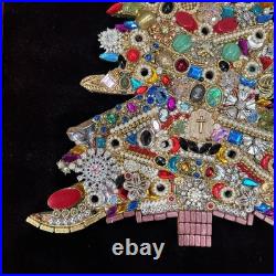 Mid Century Costume Jewelry Art Folk Art Christmas Tree Framed Large 18x22Vtg Mid Century Costume Jewelry Art Folk Art Christmas Tree Framed Large 18x22Vtg