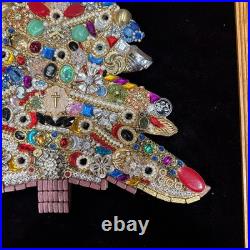 Mid Century Costume Jewelry Art Folk Art Christmas Tree Framed Large 18x22Vtg Mid Century Costume Jewelry Art Folk Art Christmas Tree Framed Large 18x22Vtg