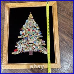 Mid Century Costume Jewelry Art Folk Art Christmas Tree Framed Large 18x22Vtg