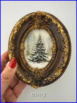 Miniature Oil Painting Christmas Tree, Painting with Rustic Vintage frame