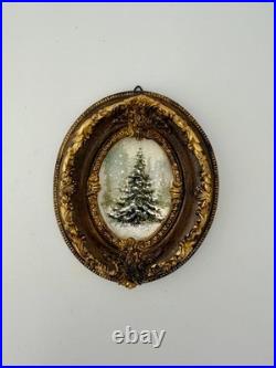 Miniature Oil Painting Christmas Tree, Painting with Rustic Vintage frame