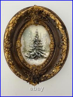 Miniature Oil Painting Christmas Tree, Painting with Rustic Vintage frame gift