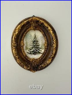 Miniature Oil Painting Christmas Tree, Painting with Rustic Vintage frame gift