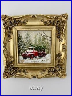Miniature Pine Tree Oil Painting Vintage Christmas Art in Ornate Frame