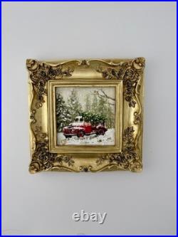 Miniature Pine Tree Oil Painting Vintage Christmas Art in Ornate Frame Miniature Pine Tree Oil Painting Vintage Christmas Art in Ornate Frame
