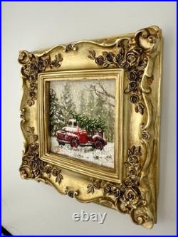 Miniature Pine Tree Oil Painting Vintage Christmas Art in Ornate Frame Miniature Pine Tree Oil Painting Vintage Christmas Art in Ornate Frame