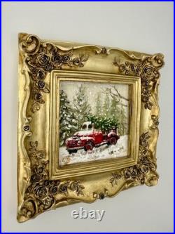 Miniature Pine Tree Oil Painting Vintage Christmas Art in Ornate Frame