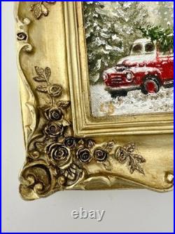 Miniature Pine Tree Oil Painting Vintage Christmas Art in Ornate Frame