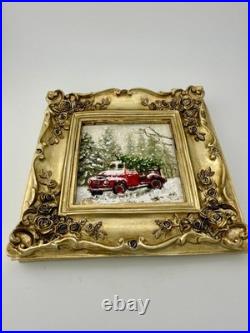 Miniature Pine Tree Oil Painting Vintage Christmas Art in Ornate Frame
