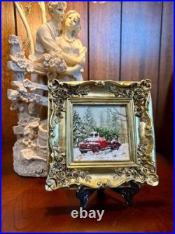 Miniature Pine Tree Oil Painting Vintage Christmas Art in Ornate Frame