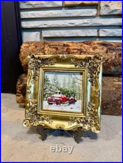 Miniature Pine Tree Oil Painting Vintage Christmas Art in Ornate Frame