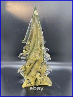 Murano Art Glass Christmas Tree Green/Gold 11 With Sticker Italy Vtg Signed