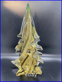 Murano Art Glass Christmas Tree Green/Gold 11 With Sticker Italy Vtg Signed