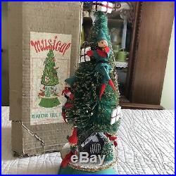 Musical Christmas Pixie Elf Bottle Brush Tree Vintage Japan Log Cabin Mica Glttr