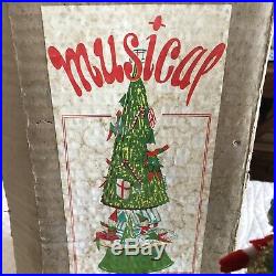 Musical Christmas Pixie Elf Bottle Brush Tree Vintage Japan Log Cabin Mica Glttr