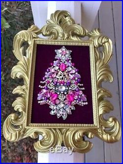 New Vintage Look Gold Frame Pink Purple Jeweled Rhinestone Christmas Tree Art