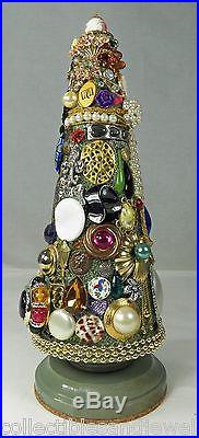 OOAK Vintage Costume Jewelry Christmas Tree Stand Alone Cone Rhinestones Charm b