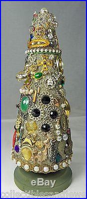 OOAK Vintage Costume Jewelry Christmas Tree Stand Alone Cone Rhinestones Charms