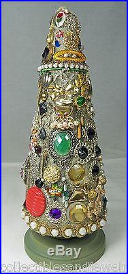 OOAK Vintage Costume Jewelry Christmas Tree Stand Alone Cone Rhinestones Charms