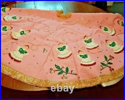 OOAK Vintage Handmade Christmas Tree Skirt Angels Sequins 30 diameter lined