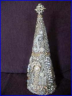 OOAK Vintage all clear RHINESTONES JEWELRY CHRISTMAS TREE paper CONE 11.5 tall