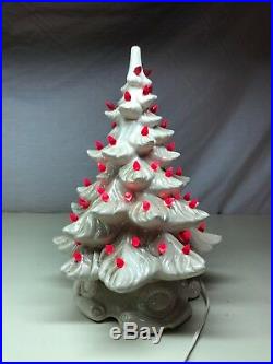 Old Vintage Ceramic Christmas Holiday WORKING Tree 15 Tall With Red Lights