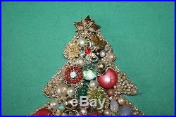 One of a Kind Vintage Framed Rhinestone Jewelry Art Christmas Tree Picture 1981