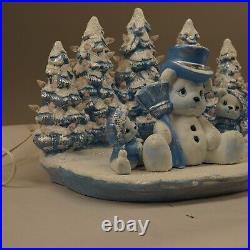 Original Vintage Ceramic Christmas Tree Blue White & Teddy Bear Lighted 16 wide