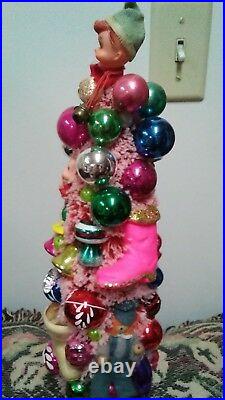 Pink Bottle Brush Christmas Tree With Vintage Mercury Glass Ornaments 14 Tall