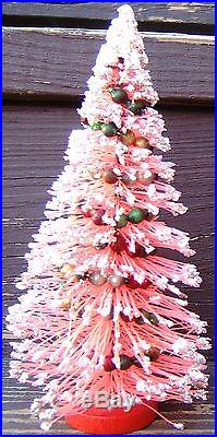Pink Frosted Bottle Brush Christmas Tree Mercury Glass Beads 8 inches Vintage