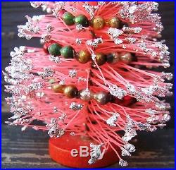 Pink Frosted Bottle Brush Christmas Tree Mercury Glass Beads 8 inches Vintage