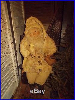 Primitive Santa Claus Doll, Vintage bedspread, German sheep, Christmas tree, OOAK