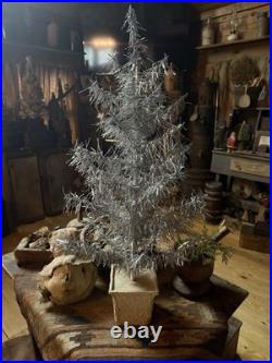 Primitive Vintage Tinsel Tree In Paper Mache Pot Early Cabin Goods