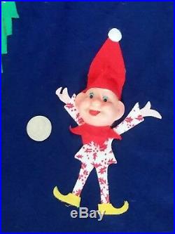 RARE Blue Vintage 1960's 50's Felt Pixie Elf Elves Christmas Tree Skirt Xmas