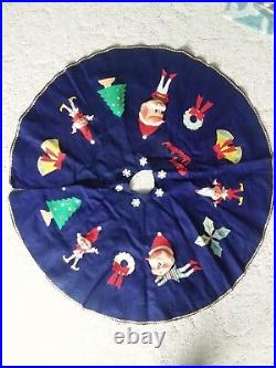 RARE Blue Vintage Felt Pixie Elf Elves Christmas Tree Skirt Xmas