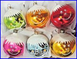 RARE Set 6 Vintage 3 SMILEY FACE Mica Mercury Glass Xmas Tree Ornaments #2028