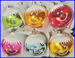 RARE Set 6 Vintage 3 SMILEY FACE Mica Mercury Glass Xmas Tree Ornaments #2028