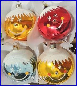 RARE Set 6 Vintage 3 SMILEY FACE Mica Mercury Glass Xmas Tree Ornaments #2028
