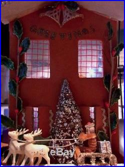 RARE VTG 1920s Christmas GREETINGS Santa Claus Reindeer Tree Holly Velvet Flock