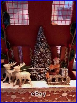 RARE VTG 1920s Christmas GREETINGS Santa Claus Reindeer Tree Holly Velvet Flock