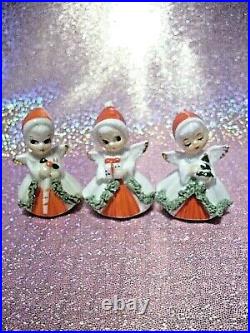 RARE VTG 3 Napco Miniature Christmas Angel Girl Gift Cane Tree Gift Figurine Set