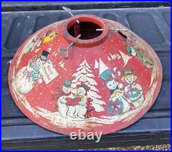 RARE Vintage 1950's Red Tin Litho Coloramic Snowman Christmas Tree Stand