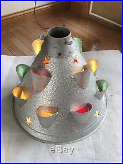RARE Vintage Aluminum Color Christmas Tree Stand PUNCHED STARS & MORE WORKS LOOK